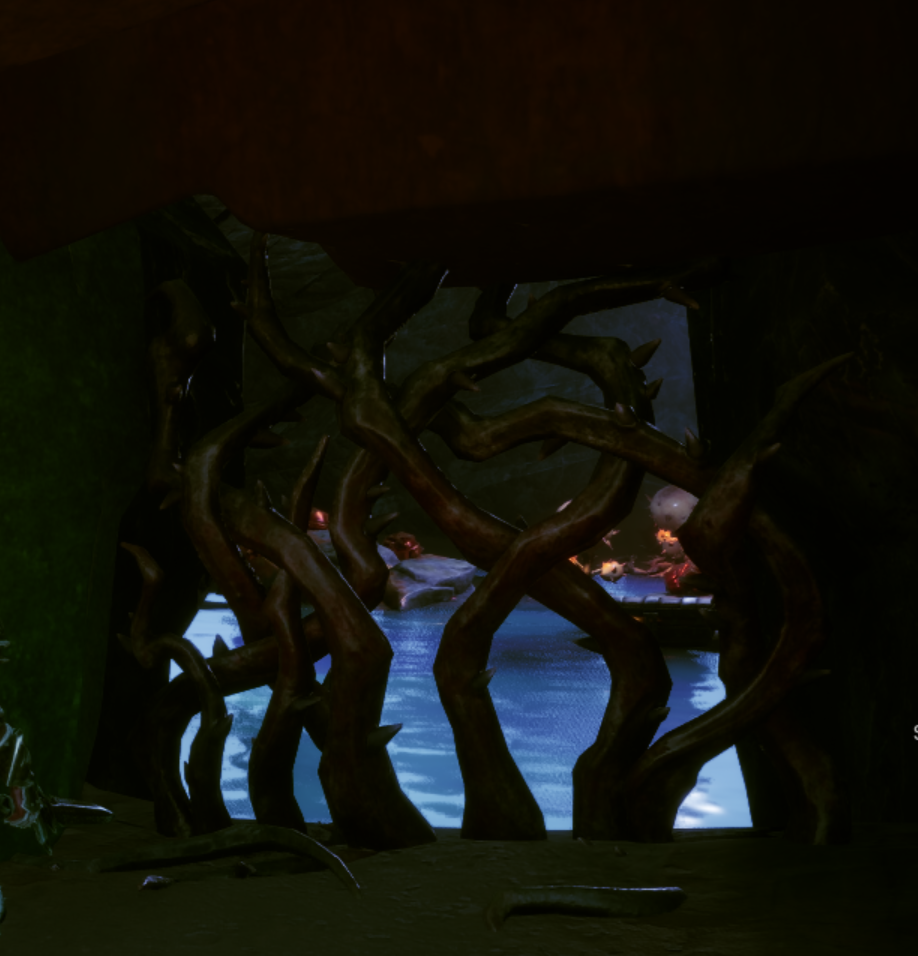 A chest hidden in a cave behind vines in a Runescape Dragonwilds