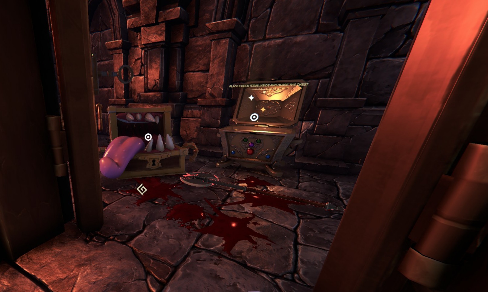 Goblin Cleanup Early Access, two chests, surrounded by blood and meat, one chest has teeth the other shines with gold