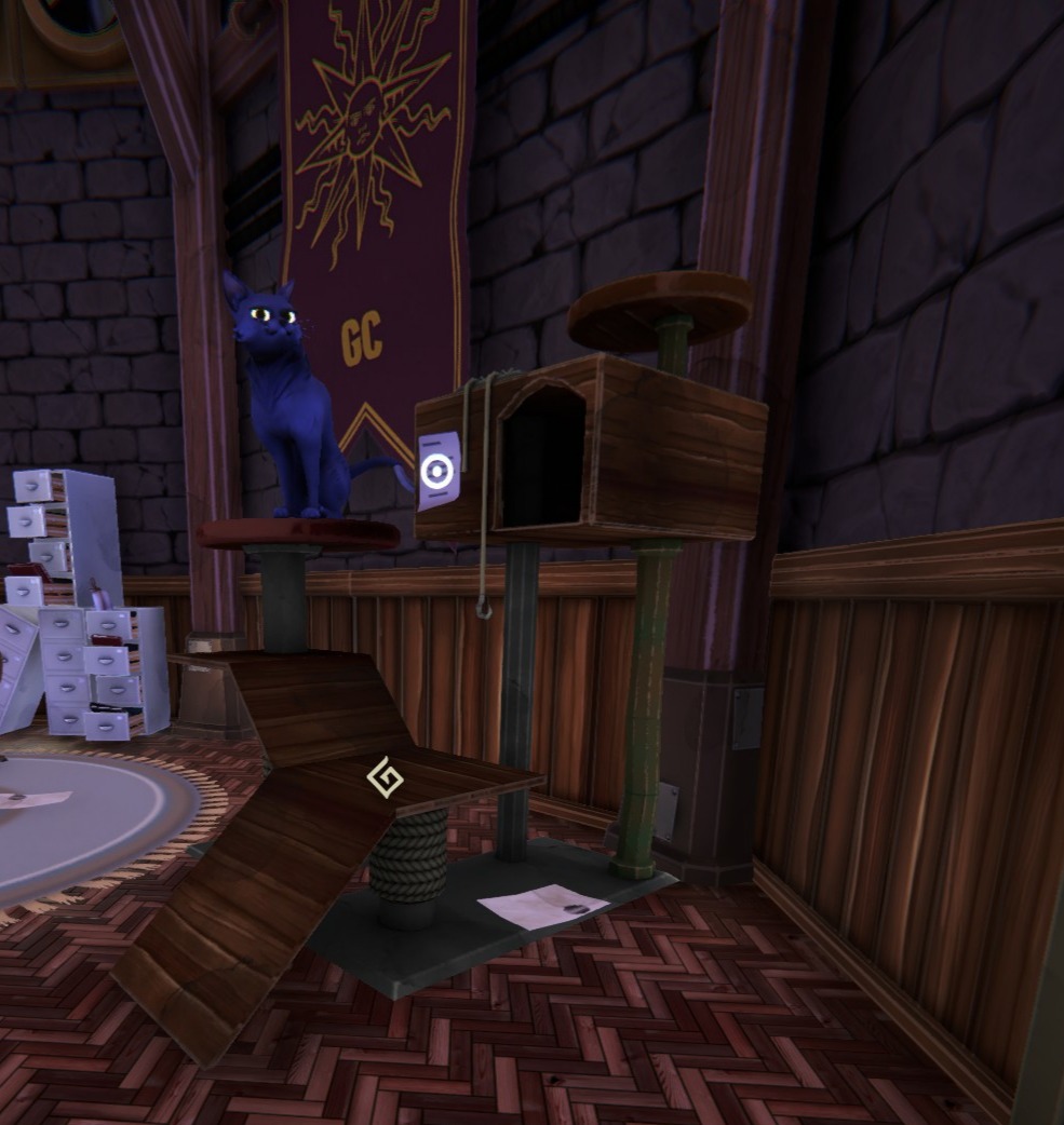 Goblin Cleanup Early Access, the shadowcat sitting in his cat tower in homebase