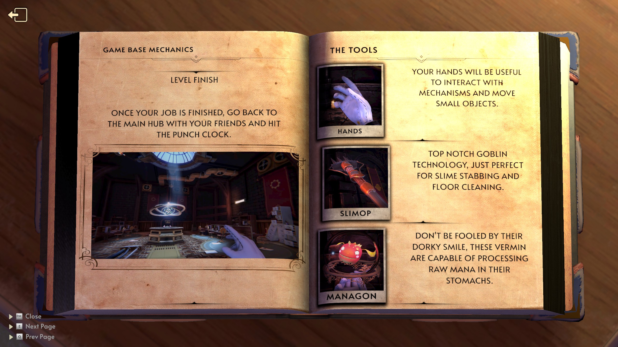 Goblin Cleanup Early Access, the goblin handbook opened to the page explaining each tool you can use