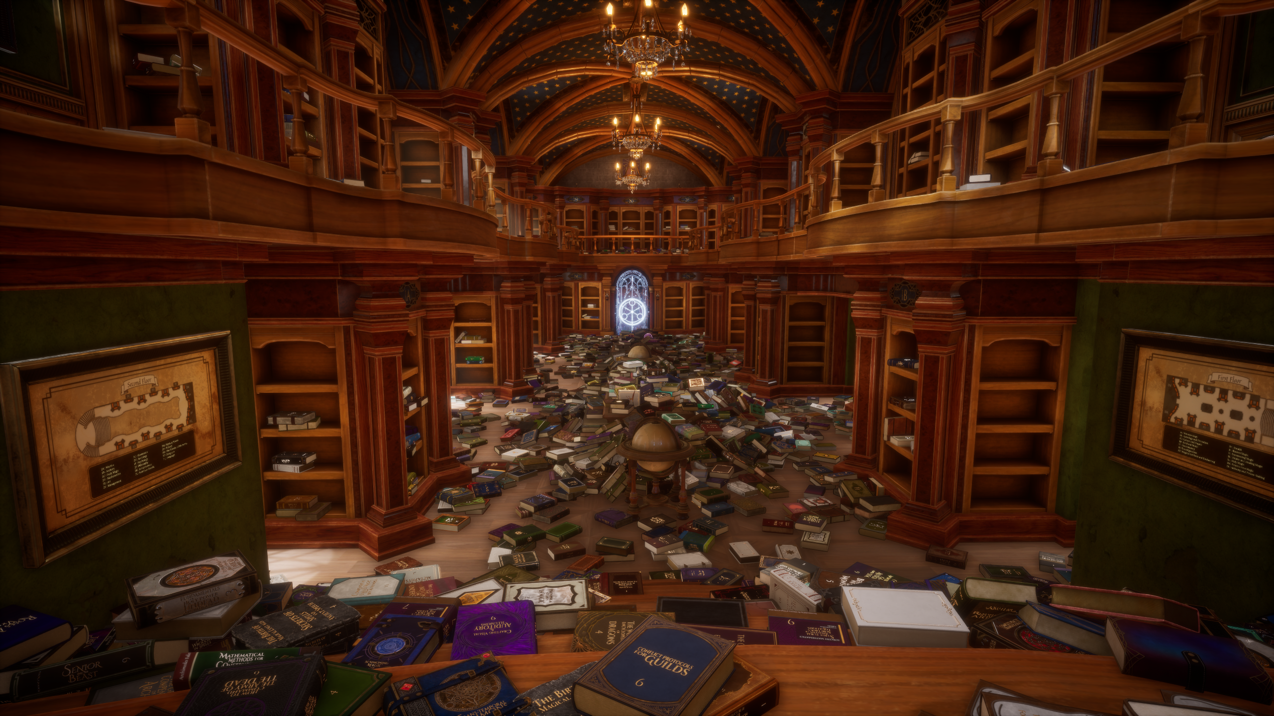 The image shows books thrown all over the library floor, with empty shevles surrounding